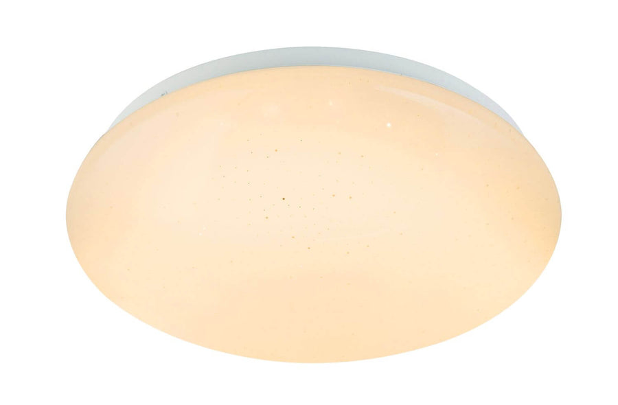Vue de face du plafonnier rond blanc, diffuseur ivoire légèrement tacheté