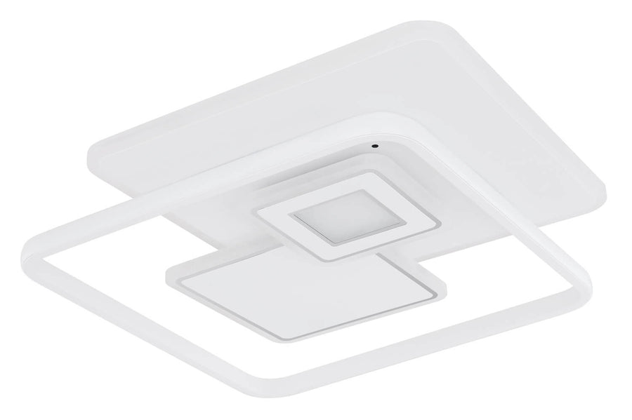 Produit éteint vu de trois quarts, structure géométrique blanche mate