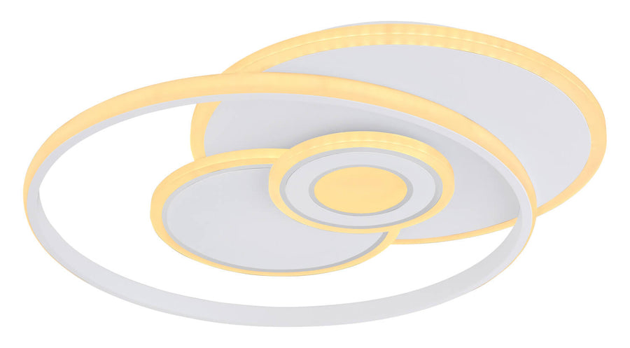 Vue plongeante du luminaire allumé, halos jaunes des LED bien visibles