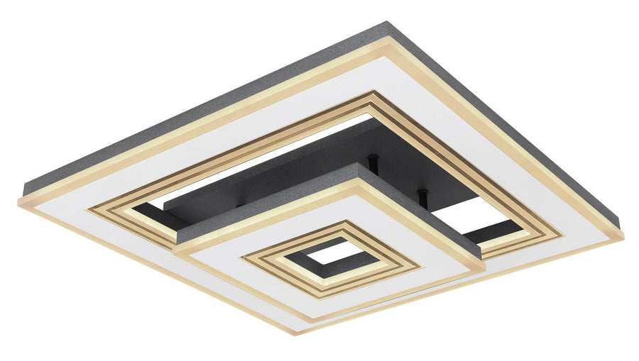 Autre angle du plafonnier carré blanc avec cadre doré et centre noir.