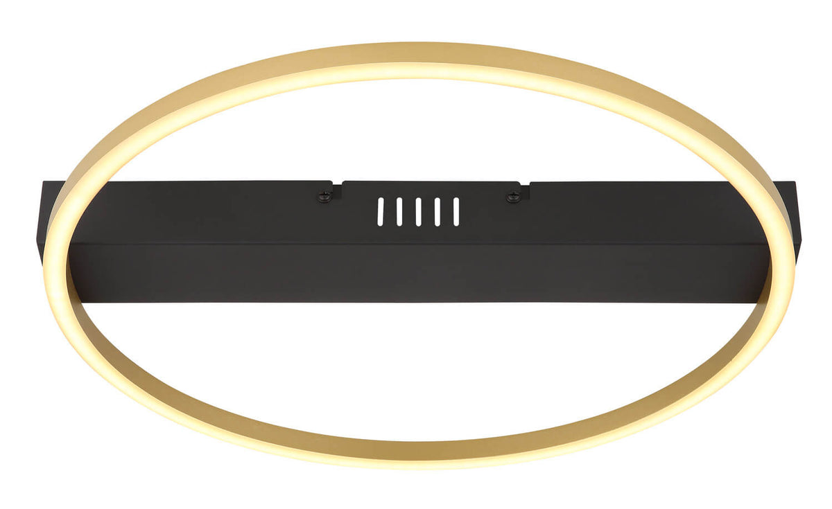 Vue de face du luminaire, anneau fin et diffuseur LED sur barre noire