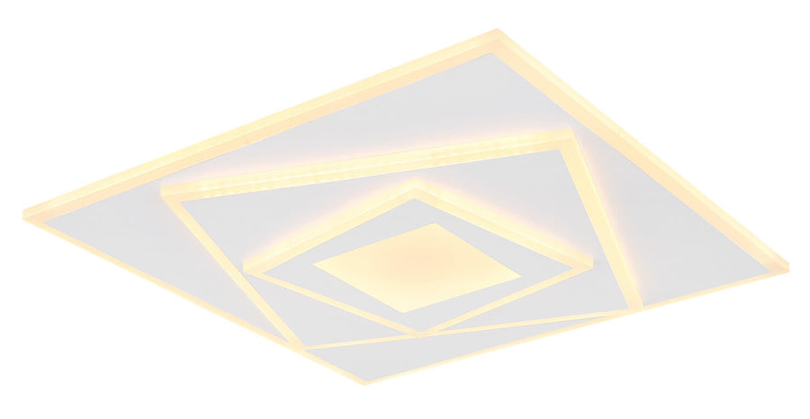 Vue de biais du luminaire allumé, losanges de lumière imbriqués sur fond blanc