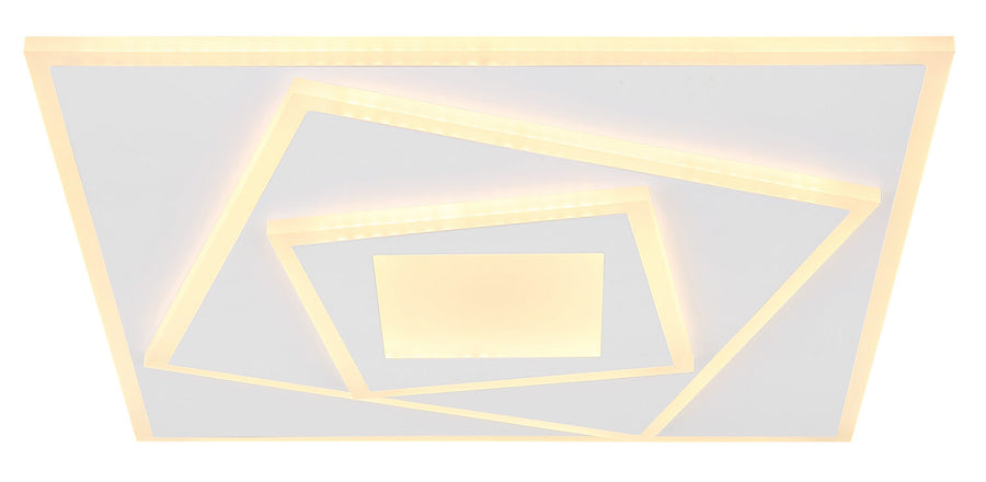 Détail rapproché des carrés concentriques lumineux du plafonnier vu de face