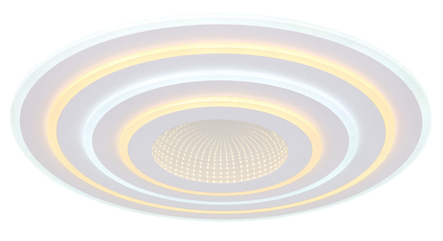 Détail de l'éclairage LED blanc chaud diffusé par les anneaux concentriques