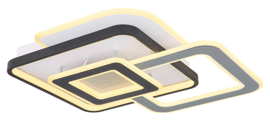 Vue en perspective du luminaire, cadres noirs et gris imbriqués, éclairage LED allumé