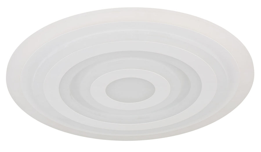 Vue de face du plafonnier éteint, finition blanc mat et anneaux concentriques