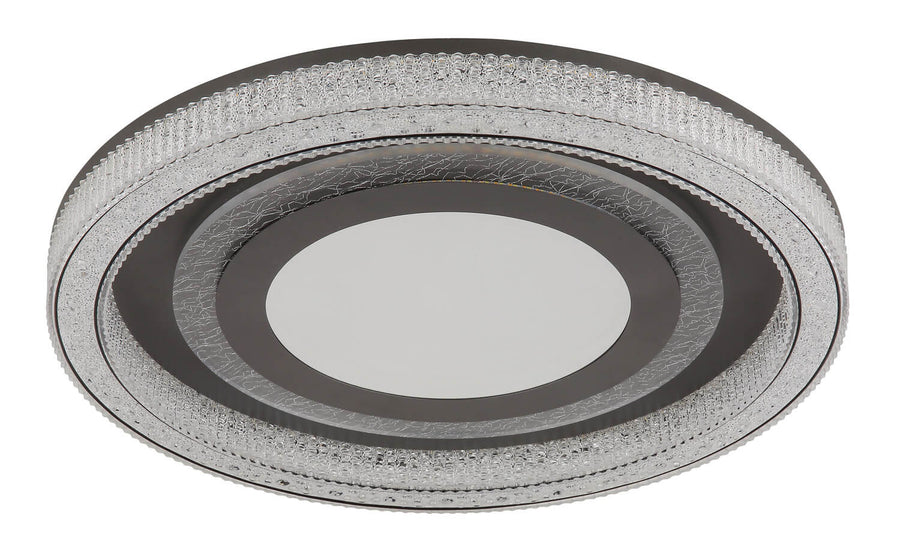 Plafonnier rond éteint, cerclage en verre transparent et centre blanc mat.