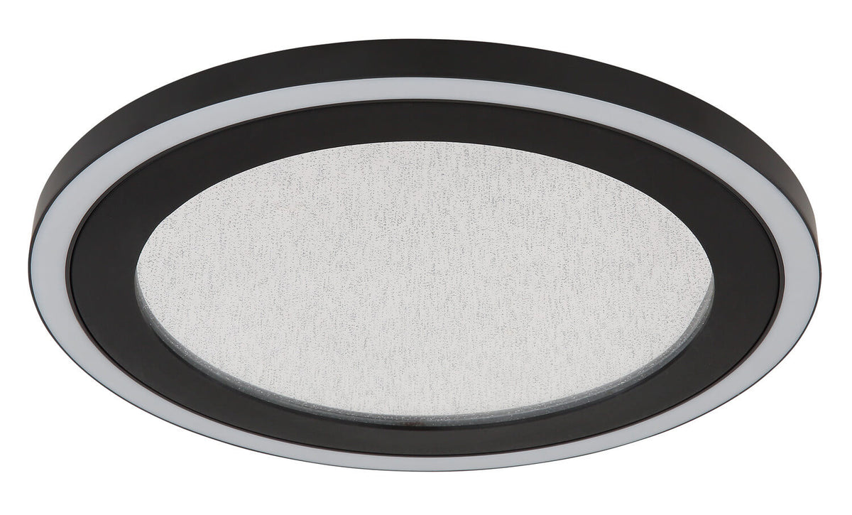 Vue de trois quarts du luminaire éteint, cerclage noir mat et verre dépoli
