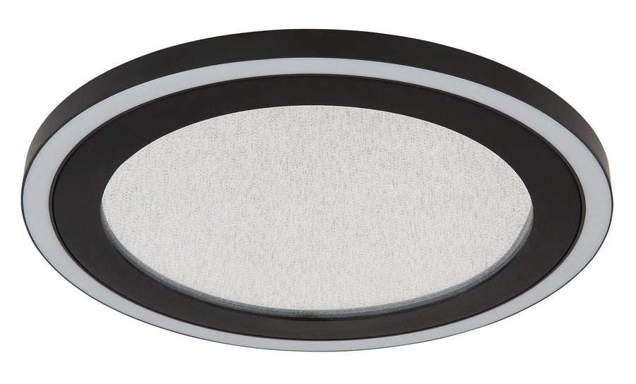 Vue de trois quarts du luminaire éteint, cerclage noir mat et verre dépoli