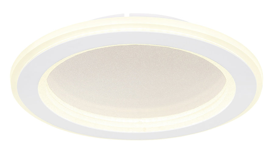 Gros plan sur l'anneau LED et le verre dépoli finement texturé du luminaire.