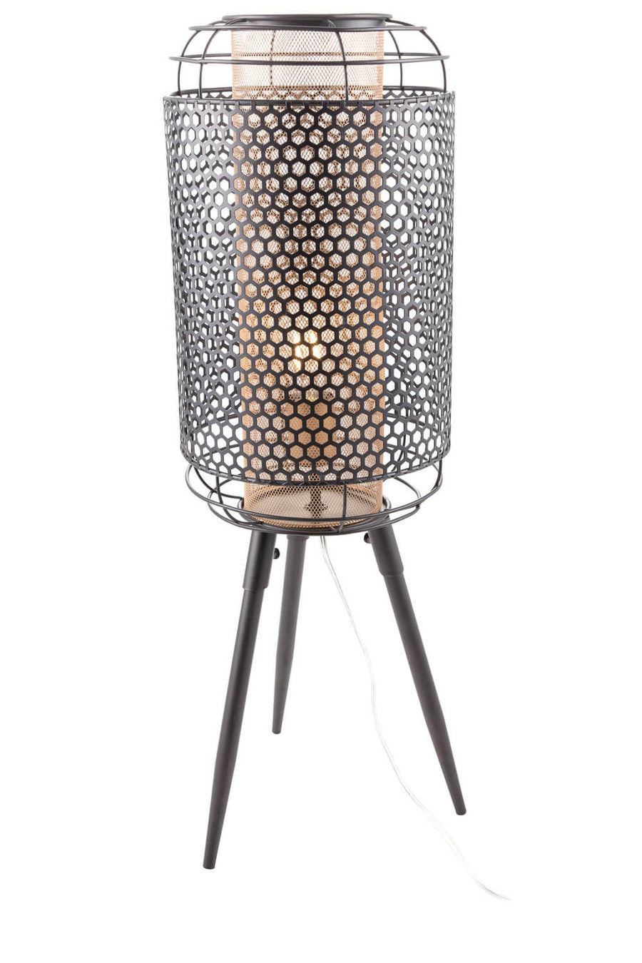 Vue de face du luminaire noir avec sa cage métallique alvéolée et son cordon