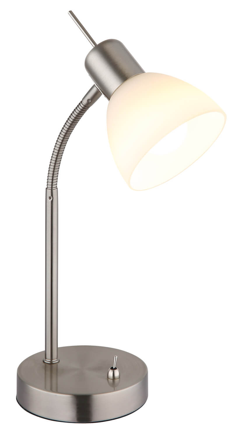 vue de trois quarts, abat-jour conique blanc laiteux et bras flexible nickel