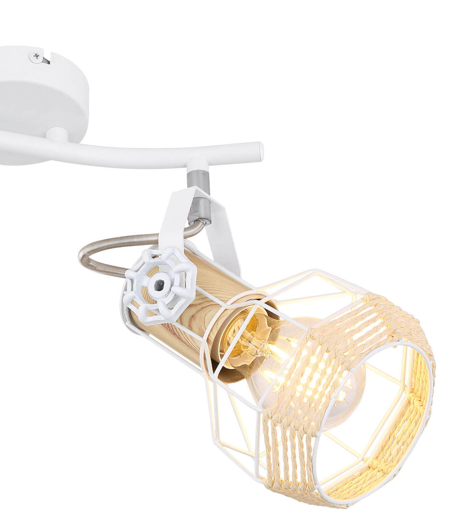 Gros plan sur une tête orientable, cage métallique blanche et détail du cannage.