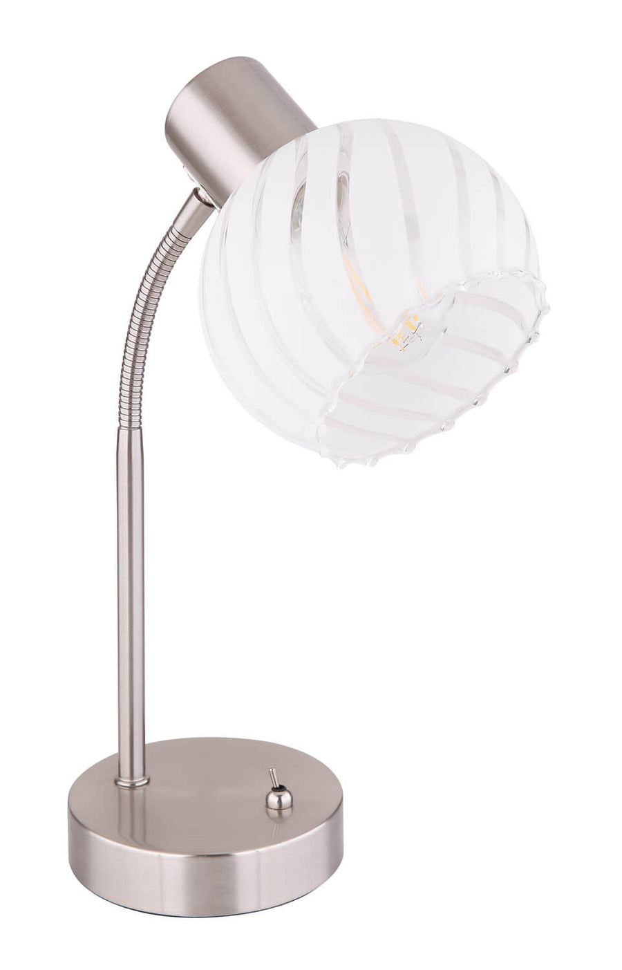 Lampe éteinte au verre transparent révélant le pied en nickel satiné