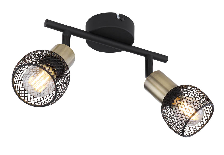 Présentation du luminaire plafond deux spots orientables noirs et laiton sur fond neutre