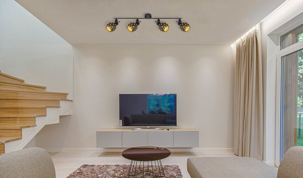Mise en ambiance du plafonnier dans un salon moderne, au-dessus d'un meuble TV