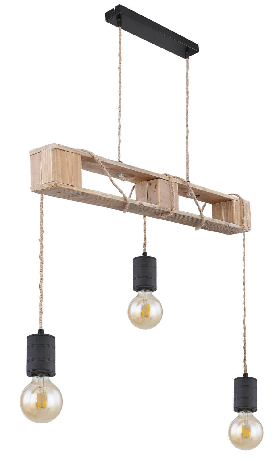 Luminaire suspendu avec cadre en bois brut et trois cordes, fond blanc.