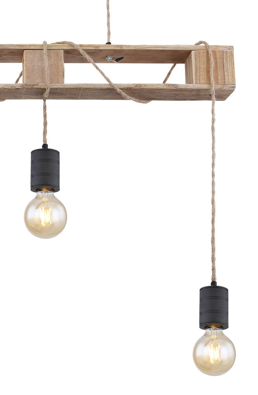 Détail du cadre en bois, cordes nouées et douilles noires avec ampoules.