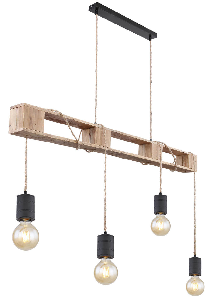 Vue de trois quarts du luminaire avec structure en palette et câbles en corde