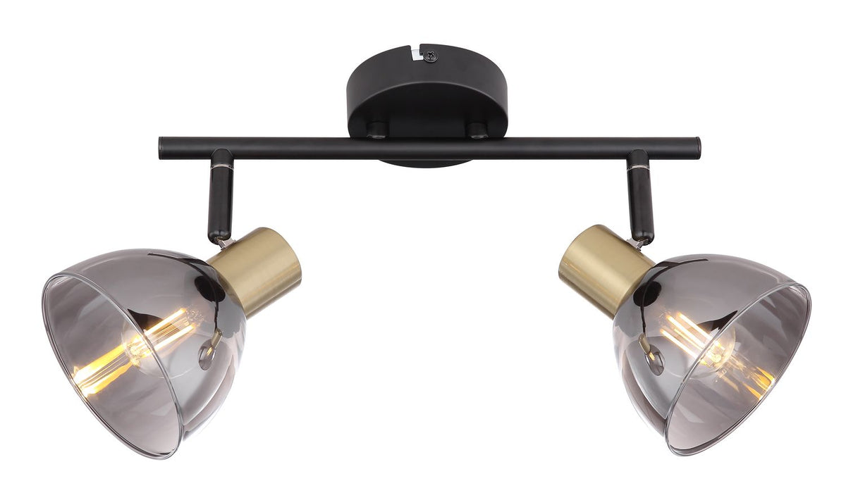 Vue de face du luminaire, barre noire et deux têtes symétriques