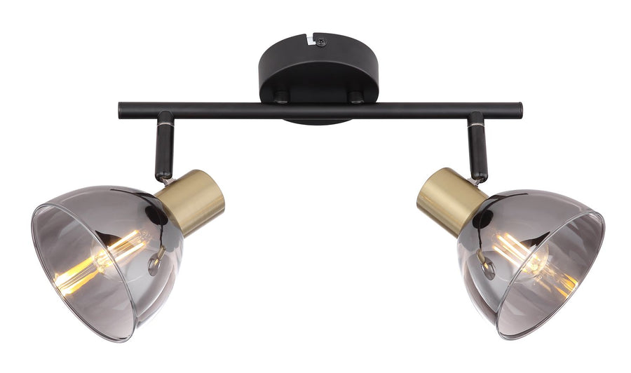 Vue de face du luminaire, barre noire et deux têtes symétriques