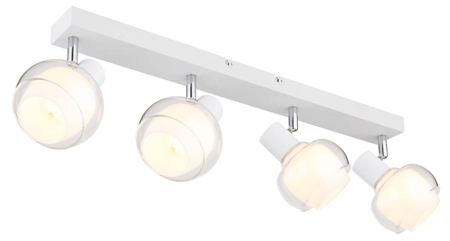 Second angle du luminaire blanc, projecteurs ronds orientables et longue barre rectangulaire de fixation.