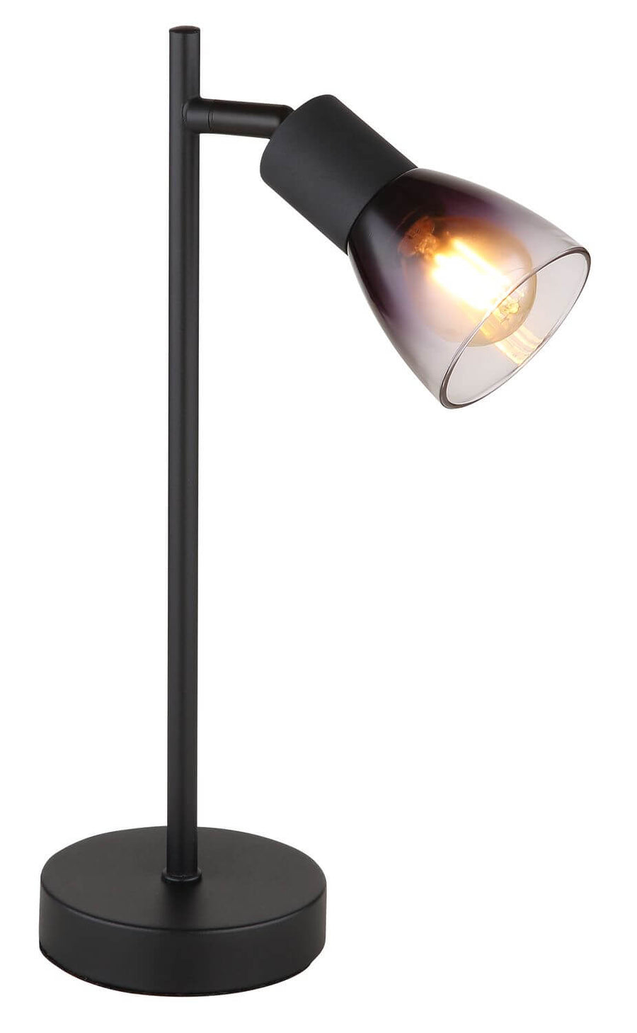 Vue de trois quarts de la lampe noire avec abat-jour conique allumé