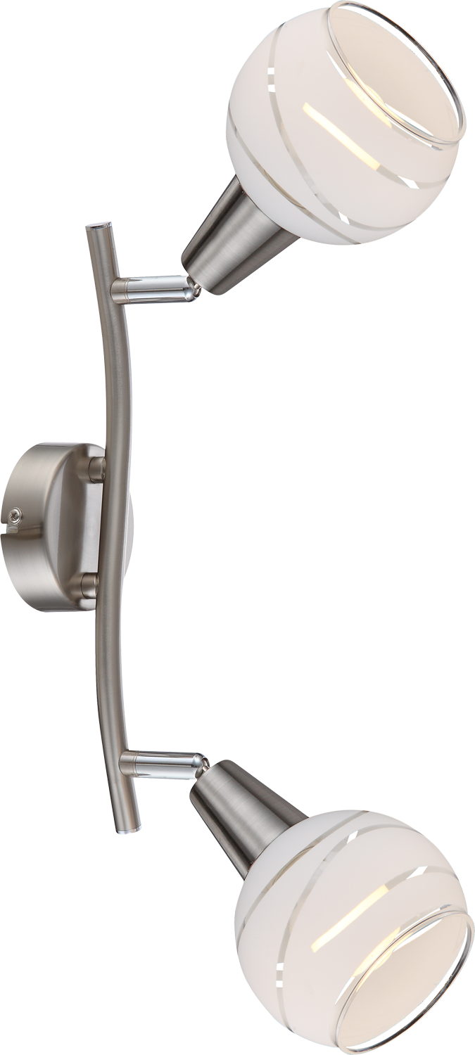 Vue rapprochée du luminaire, deux globes sphériques sur supports coniques et bras arqué