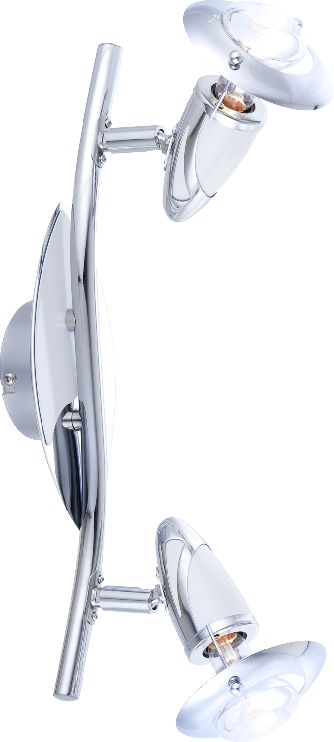Vue de profil du luminaire montrant le bras tubulaire courbé et les deux projecteurs réglables.