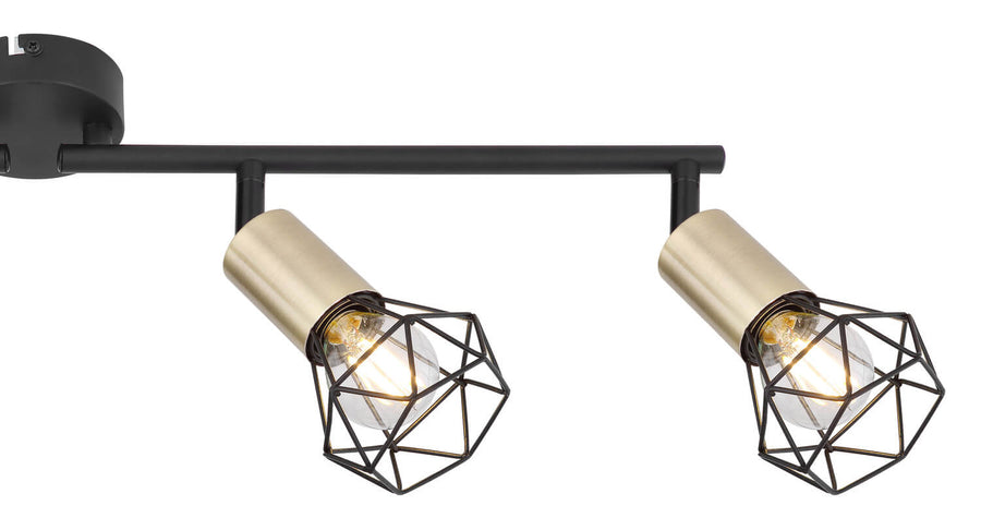 Détail du support central et de deux spots orientables, douilles dorées et cages noires