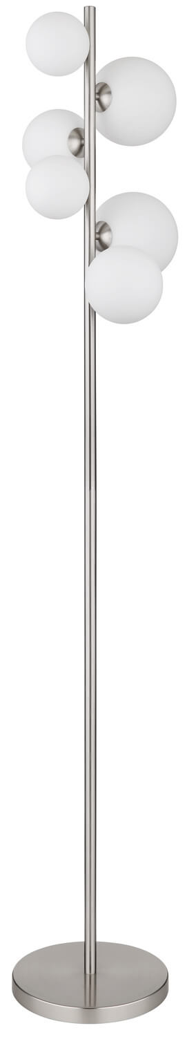 Produit de profil sur fond blanc, globes blancs éteints et tige nickel
