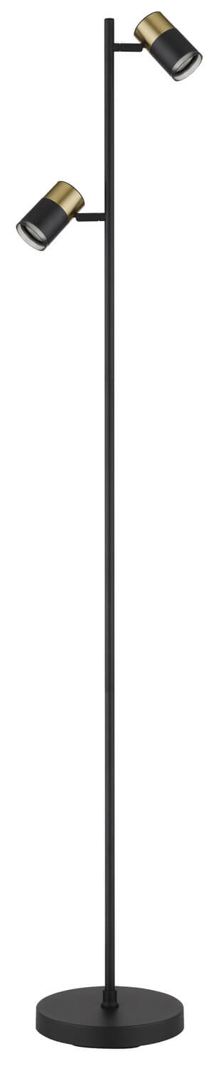 Silhouette verticale du lampadaire équipé de deux spots cylindriques noir et laiton.