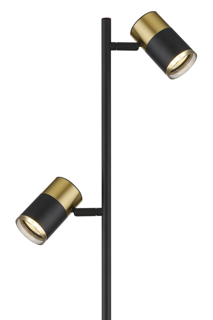 Gros plan sur les deux projecteurs cylindriques noir et finition laiton brossé.