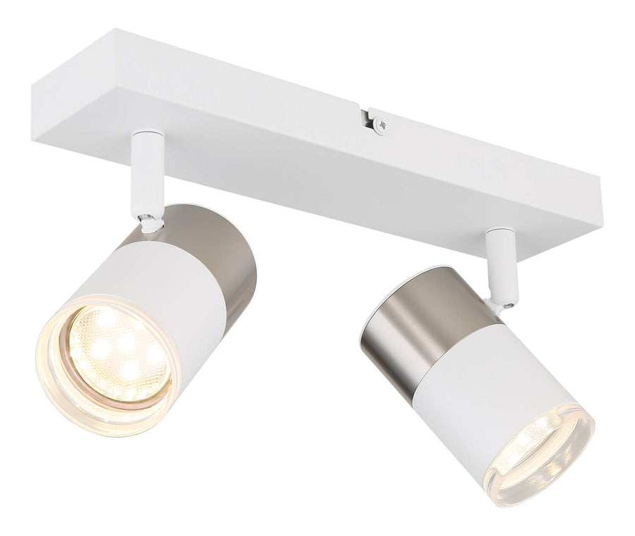 Spot deux têtes cylindriques orientables fixées sous une platine rectangulaire blanche