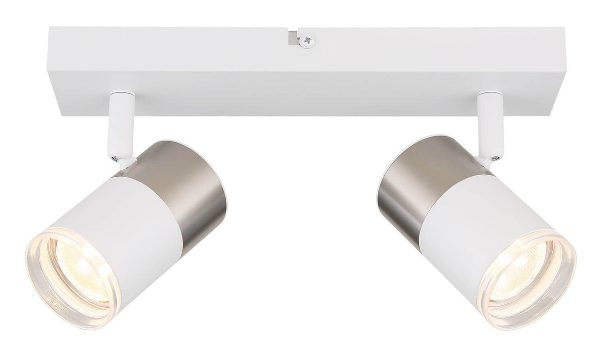 Vue de face du luminaire incliné vers le bas, spots allumés sous la platine
