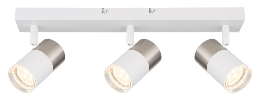 Plan large du luminaire blanc, trois projecteurs orientables sur barre rectangulaire, éclairage éteint.