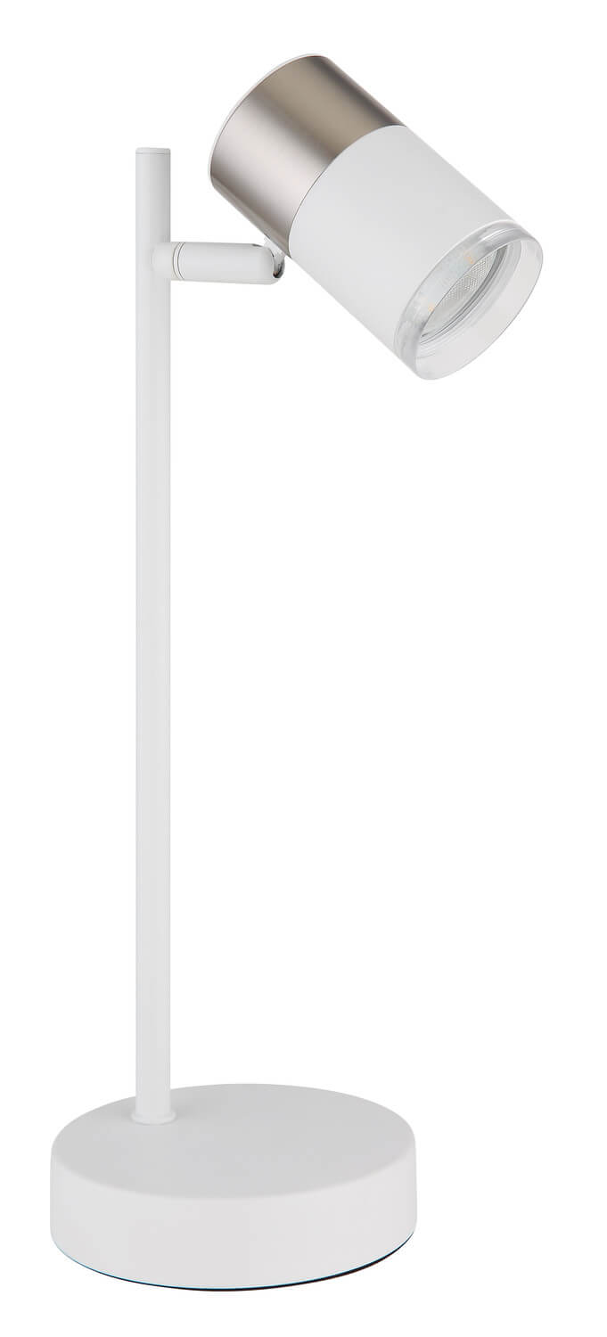 Vue rapprochée du luminaire, tête orientable et finition blanche mate.