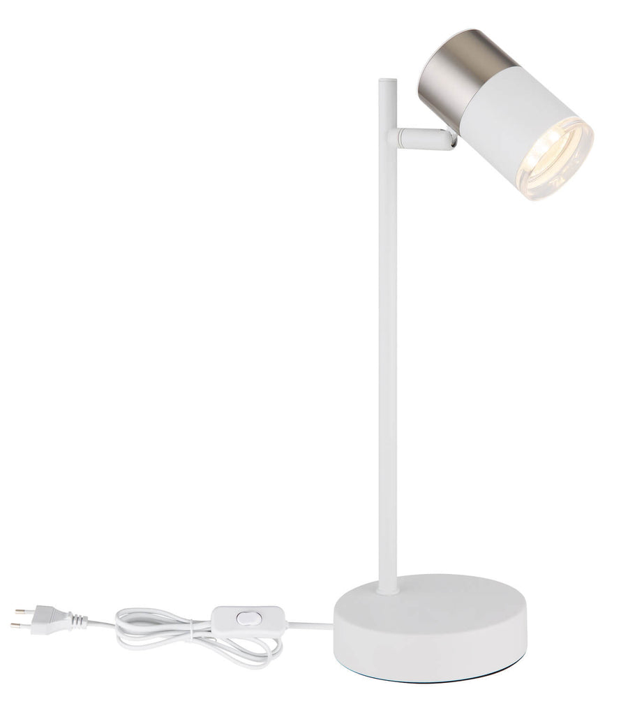 Vue du luminaire avec son cordon d'alimentation, sa prise et son interrupteur.