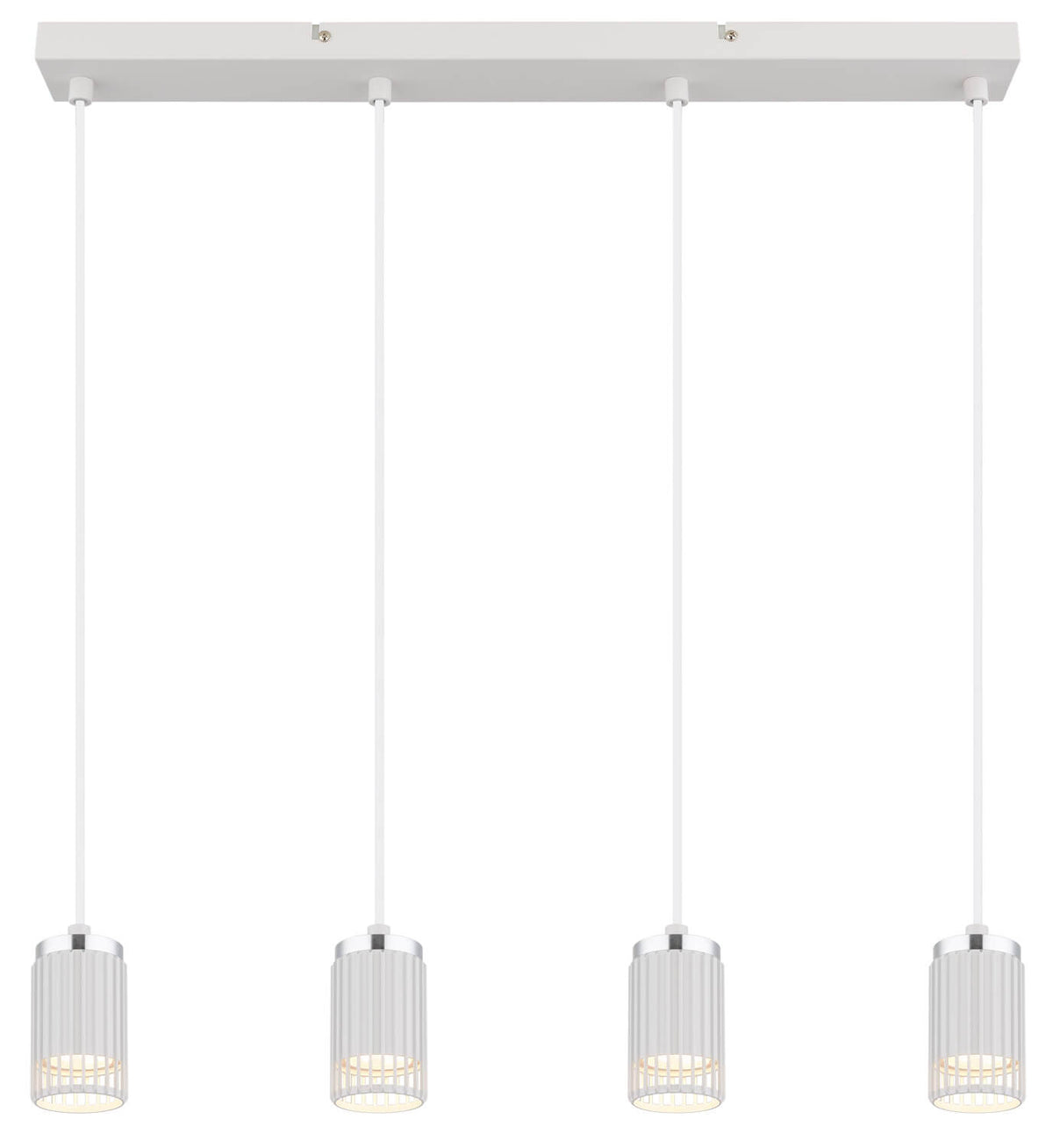 Vue de face de la suspension, quatre cylindres diffusant une lumière chaude sous la barre