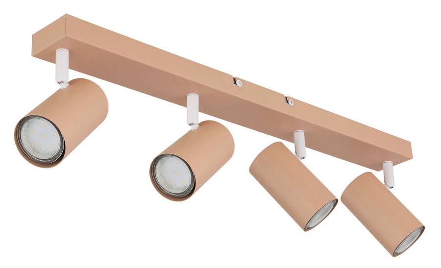 Spot quatre projecteurs cylindriques beige, barre rectangulaire, projecteurs inclinés vers le bas.