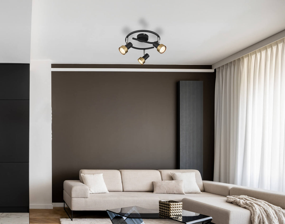 Plafonnier installé au plafond dans un salon contemporain, au-dessus d'un canapé beige et d'une table basse.