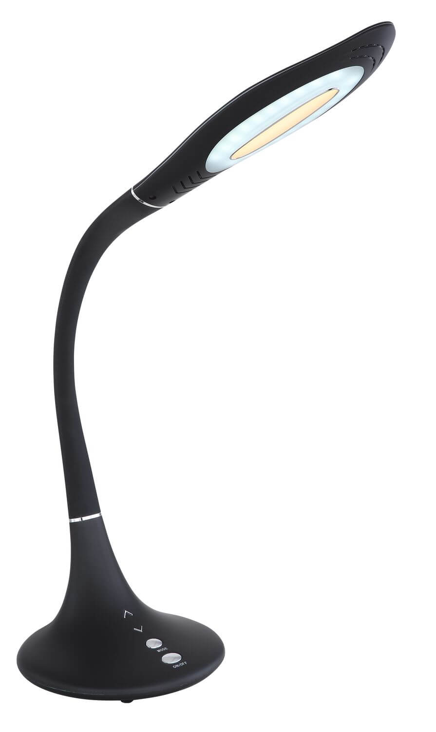 Lampe de bureau noire vue de profil, col souple incliné vers le haut