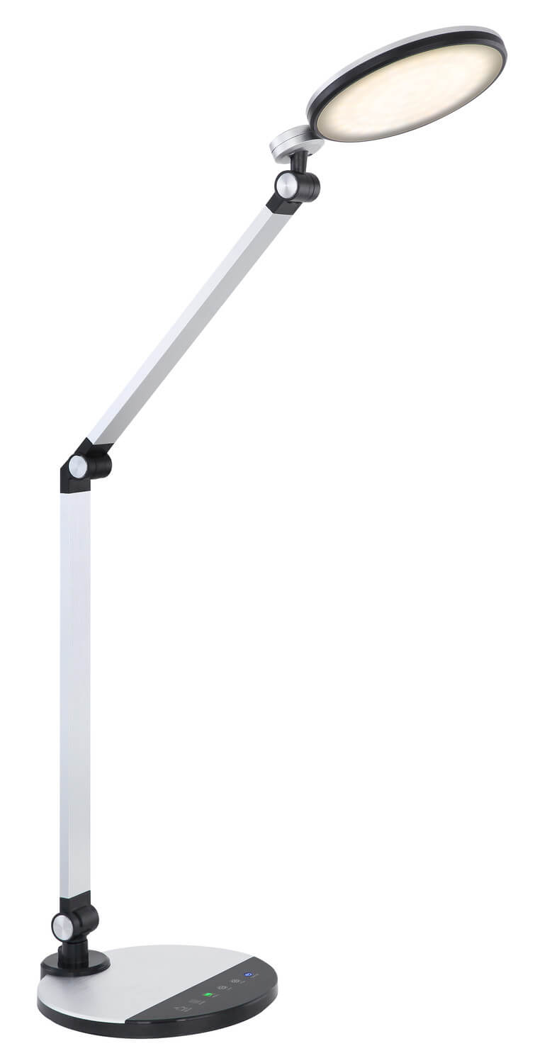 Vue complète de la lampe à poser, bras plié, éclairage allumé sur fond neutre.