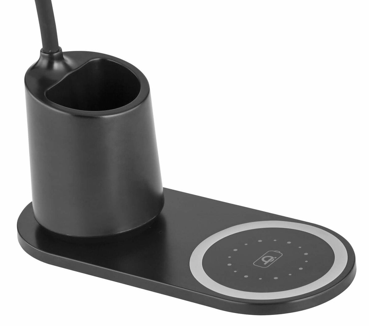 Détail du socle : godet cylindrique noir et zone de recharge sans fil Qi