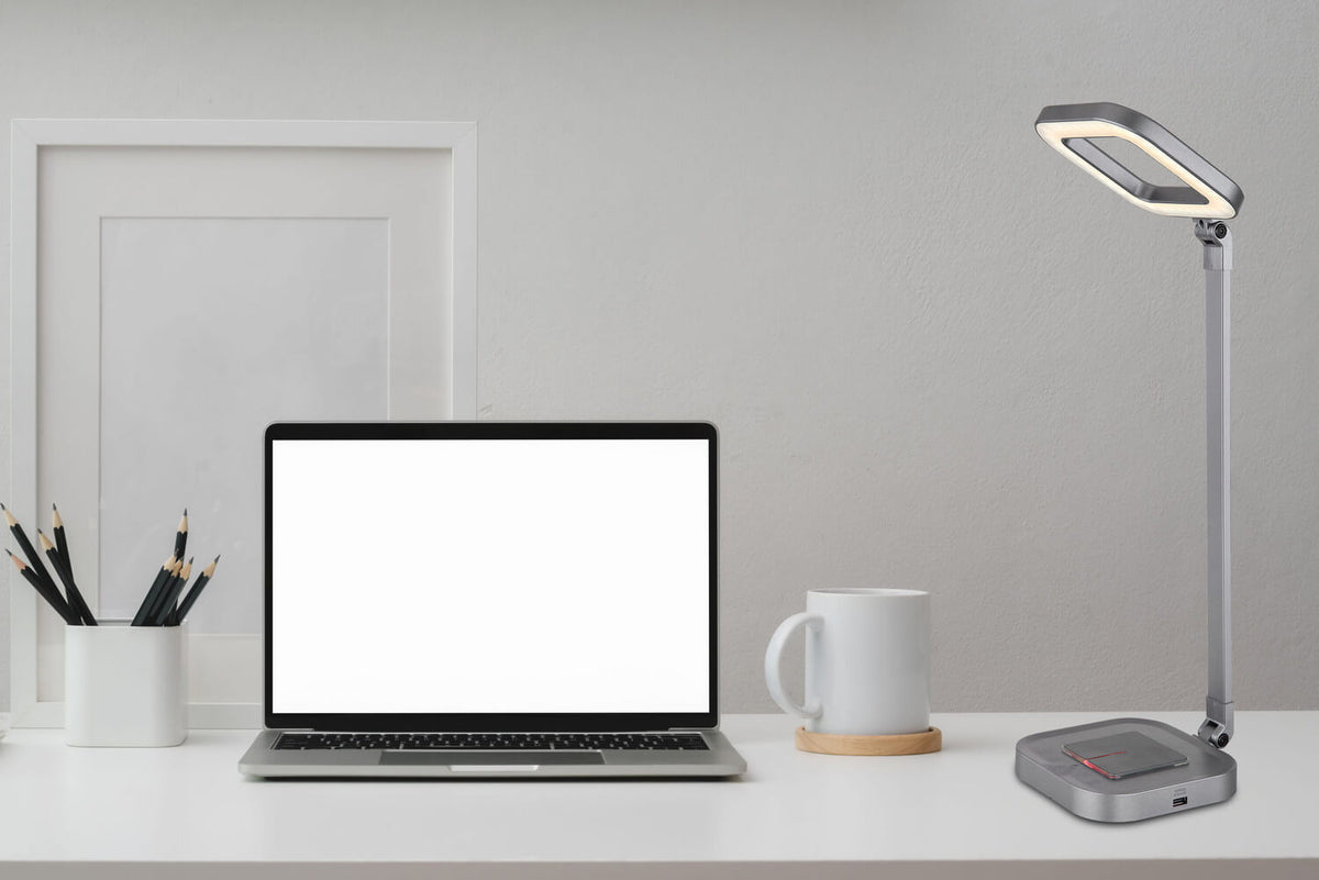 Lampe à poser Monaco grise et aluminium