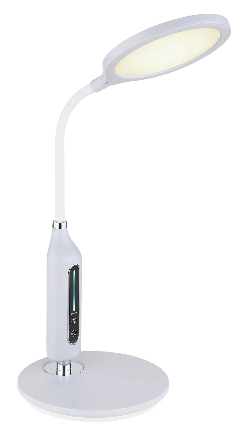 Vue de trois quarts montrant le panneau tactile et la tige flexible de la lampe