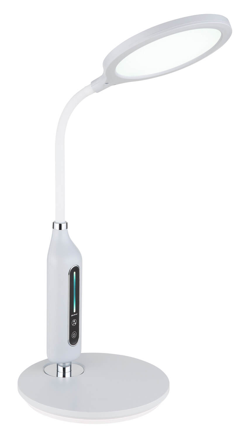 Lampe allumée en lumière blanche froide, vue de trois quarts sur fond clair