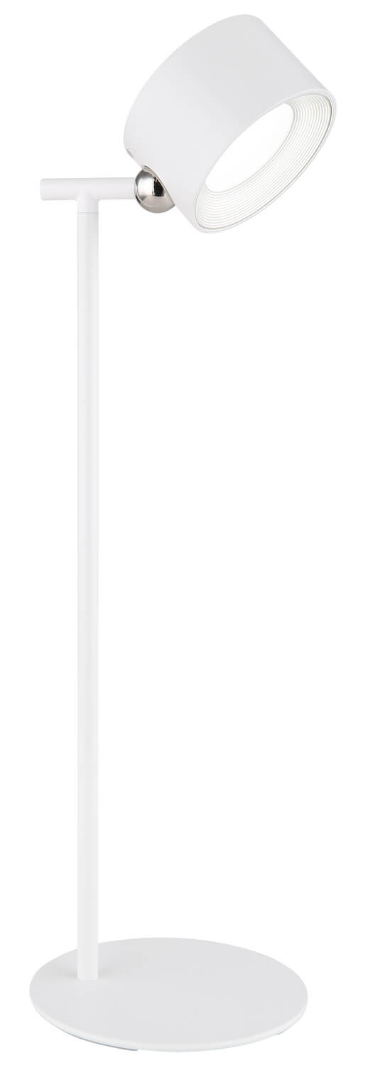 Vue de profil de la lampe blanche, montrant la tige fine et l'inclinaison de la tête.