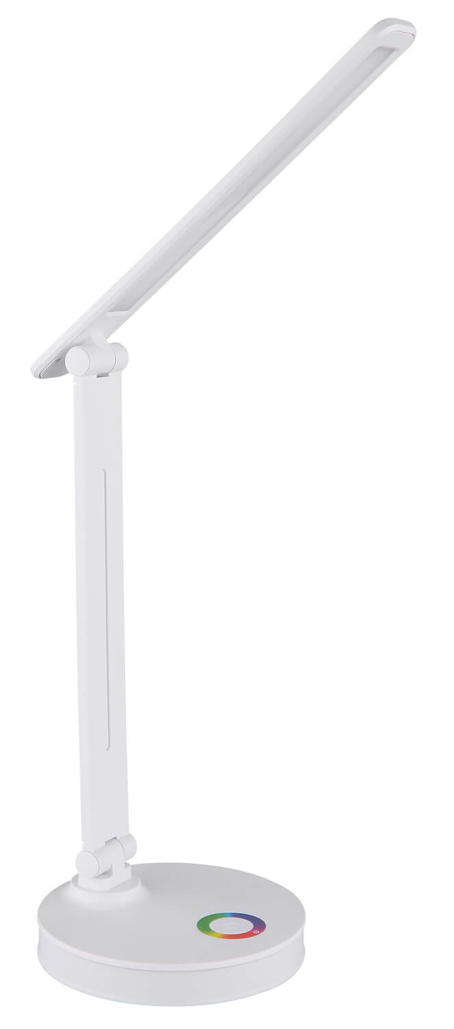Lampe de bureau blanche mate, éclairage éteint, base circulaire et cercle chromatique visible.