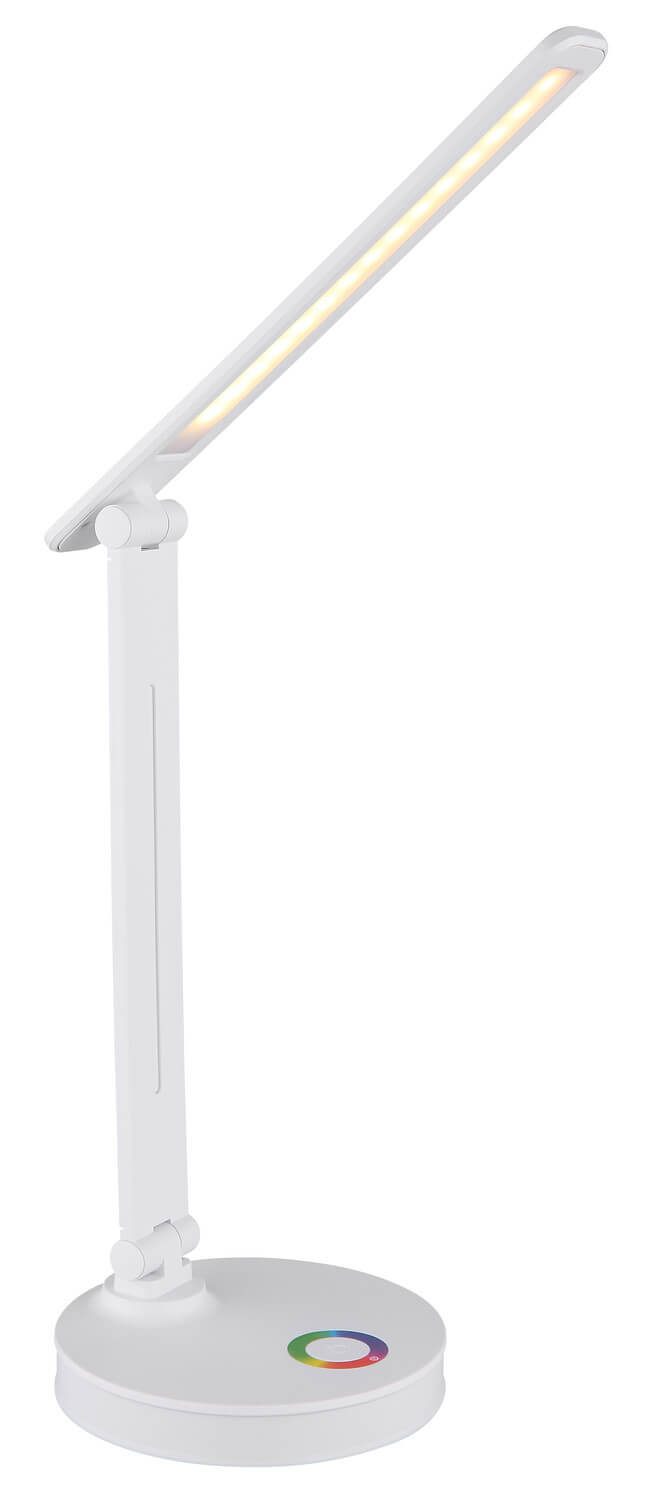 Détail de la lampe blanche avec lumière chaude allumée et base tactile ronde colorée.
